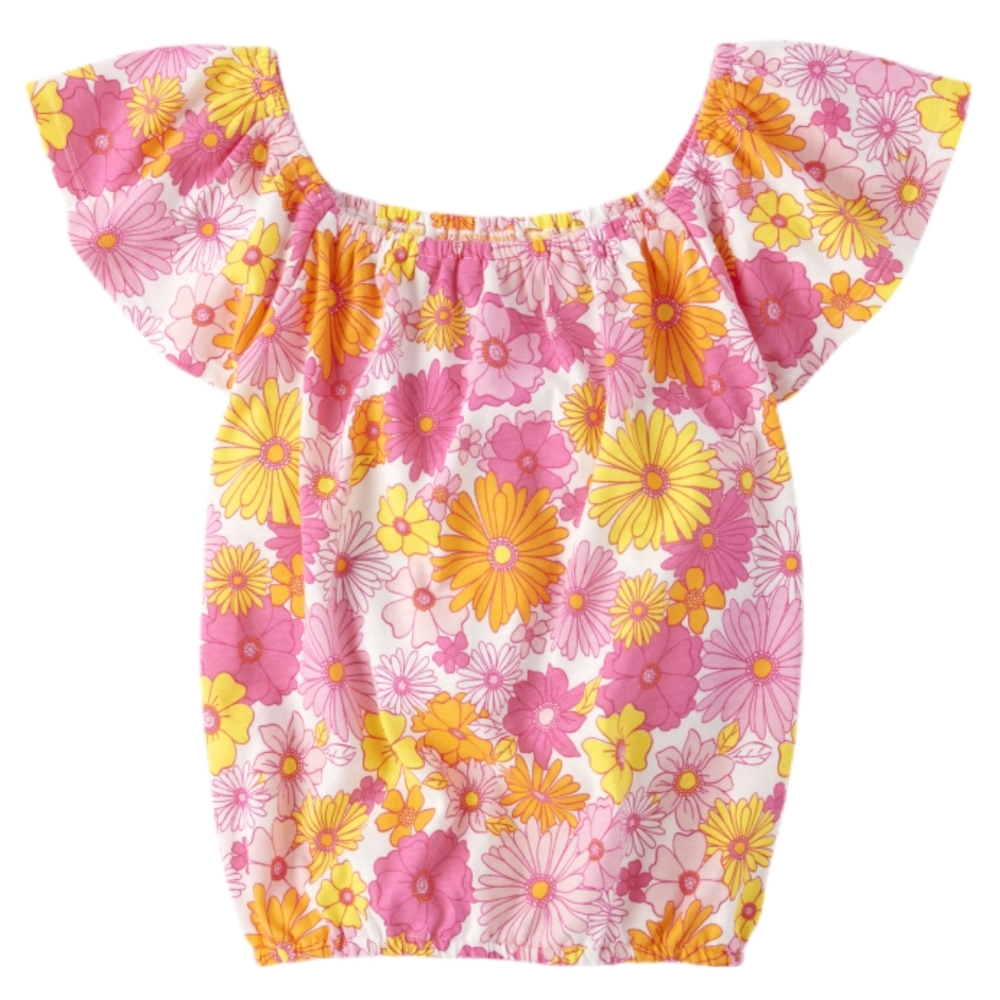 Childrens Place Flutter Sleeve Floral Top Girls Size Large 10 12 Pink Orange